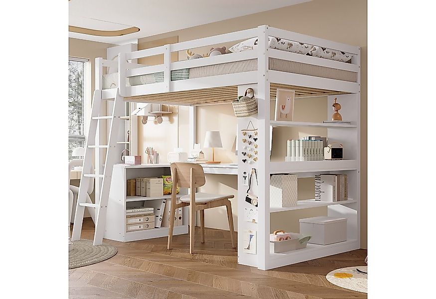 Flieks Hochbett Kinderbett 90x200cm mit Schreibtisch, Stauraumregal und Fil günstig online kaufen