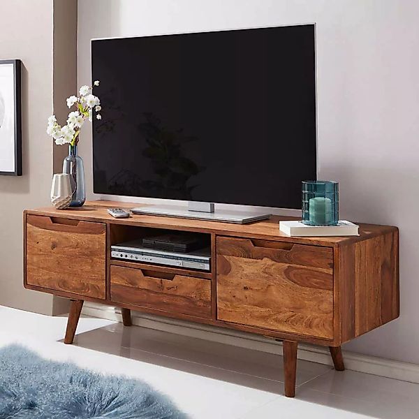 Retro TV Board aus Sheesham Massivholz 135 cm breit günstig online kaufen