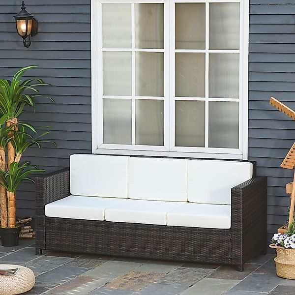Outsunny Poly-Rattan Garten Loungesofa 3-Sitzer mit Kissen, braun und weiß, günstig online kaufen