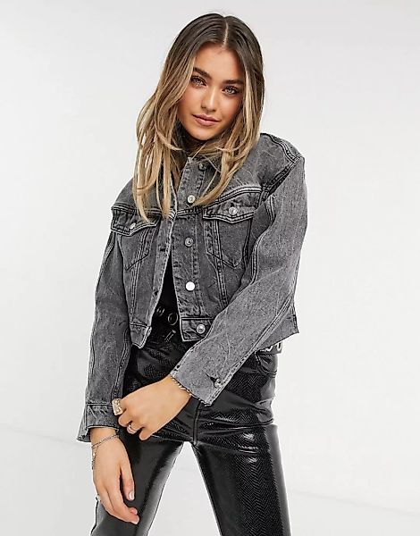 AllSaints – Jeansjacke in unfertigem Design in verwaschenem Grau günstig online kaufen