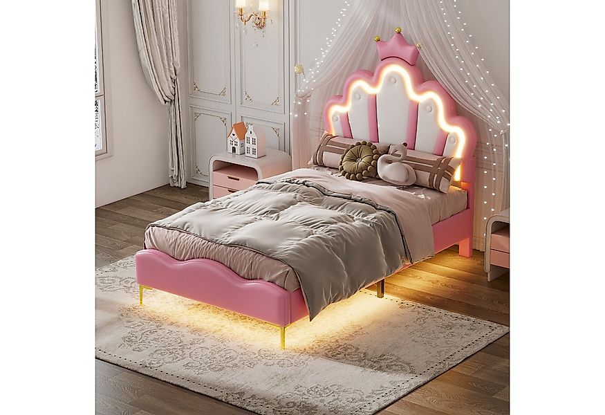Flieks Polsterbett, LED Kinderbett Einzelbett mit krone-Form Prinzessinnenb günstig online kaufen