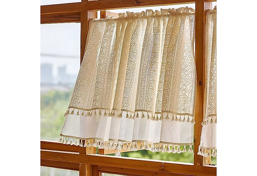 Sunicol Scheibengardine Vintage Quasten Boho gardinen kurz, Transparente Fe günstig online kaufen