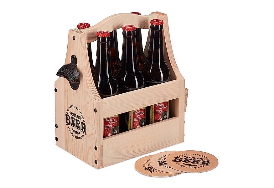 relaxdays Flaschenkorb Bierträger aus Holz mit Flaschenöffner günstig online kaufen