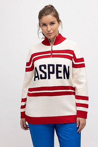 Ulla Popken Strickpullover Troyer Schriftmotiv Stehkragen Langarm günstig online kaufen