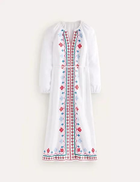 Besticktes Leinenkleid mit Gürtel Damen Boden, Weiß, Bunt günstig online kaufen