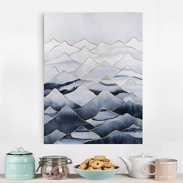 Leinwandbild Abstrakt - Hochformat Aquarell Berge Weiß Gold günstig online kaufen