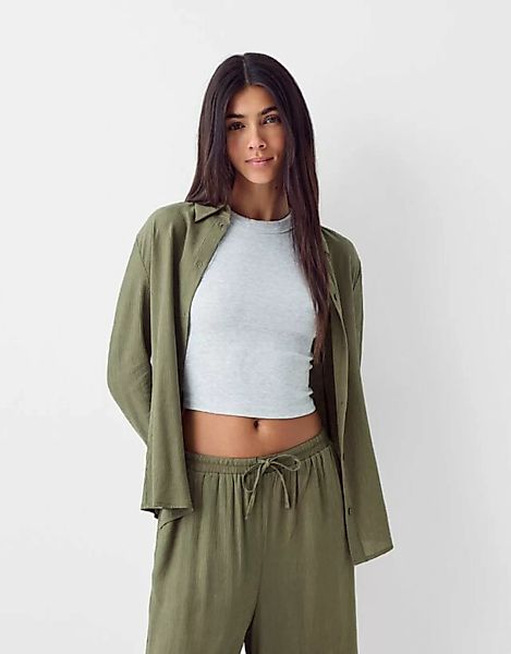 Bershka Langärmeliges, Tailliertes Bambula--Hemd Damen S Khaki günstig online kaufen