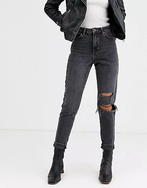 Topshop – Mom-Jeans mit Rissen in verwaschenem Schwarz günstig online kaufen
