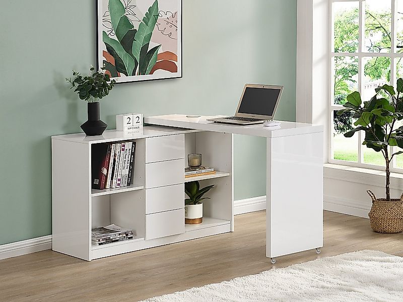 Ausziehbarer Schreibtisch mit 360° drehbarer Platte - MDF - Weiß lackiert - günstig online kaufen