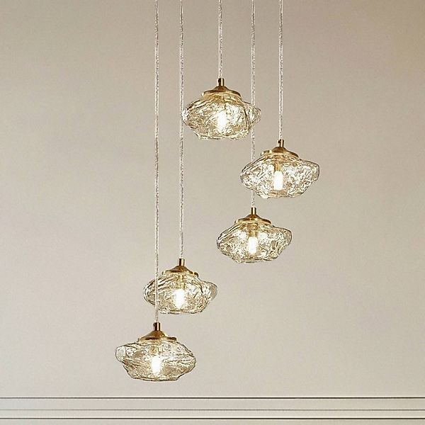 Lindby Hängelampe Piatra, Ø45cm, 5-flg, amber/messing, Glas günstig online kaufen