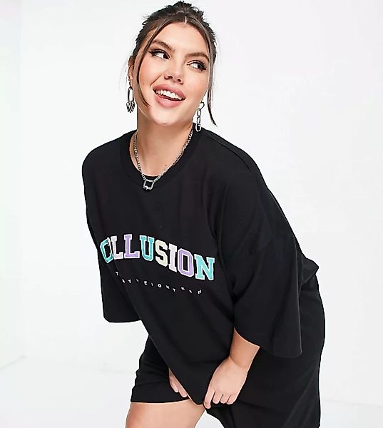 COLLUSION Plus – T-Shirt-Kleid in Schwarz mit College-Print günstig online kaufen