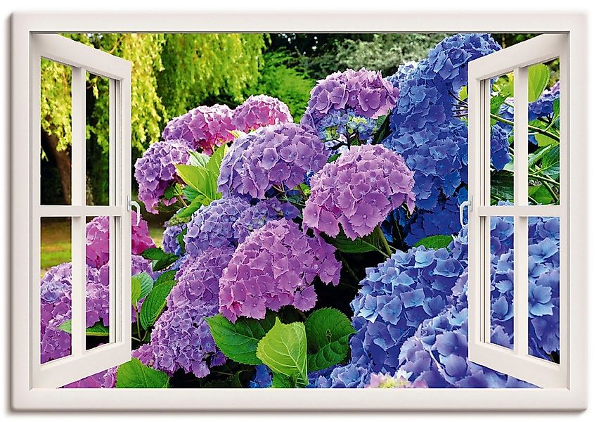Artland Wandbild "Fensterblick Hortensien im Garten", Blumen, (1 St.), als günstig online kaufen