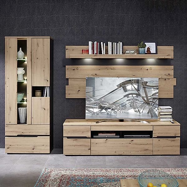 Wohnzimmer Anbauwand Holzoptik in Wildeichefarben Dunkelgrau (dreiteilig) günstig online kaufen