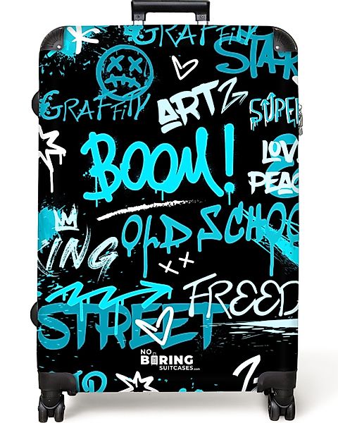 NoBoringSuitcases.com© Hartschalen-Trolley Straßenkunstwerk mit blauen Text günstig online kaufen