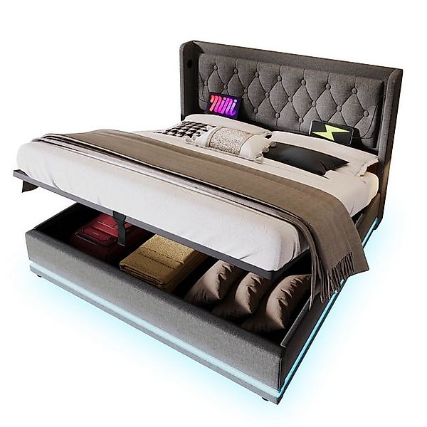 Flieks Polsterbett, LED Hydraulisches Stauraumbett Doppelbett 140x200cm mit günstig online kaufen