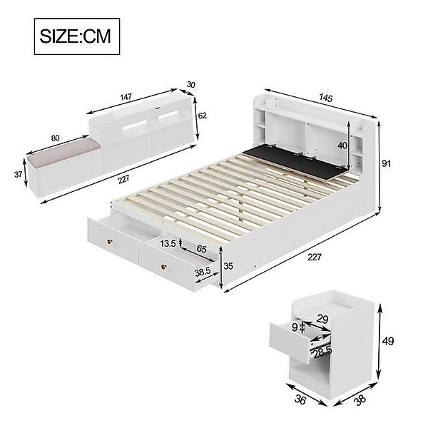 STILVORA Bettgestell 140×200 Jugendbett mit Nachttisch&Stauraum,Funktionsbe günstig online kaufen