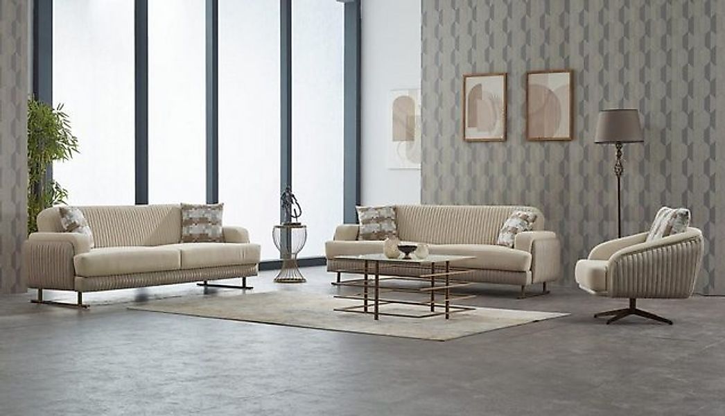 JVmoebel Sofa Couchgarnitur Polstersofa Dreisitzer Stoff Beige Set 3tlg Cou günstig online kaufen