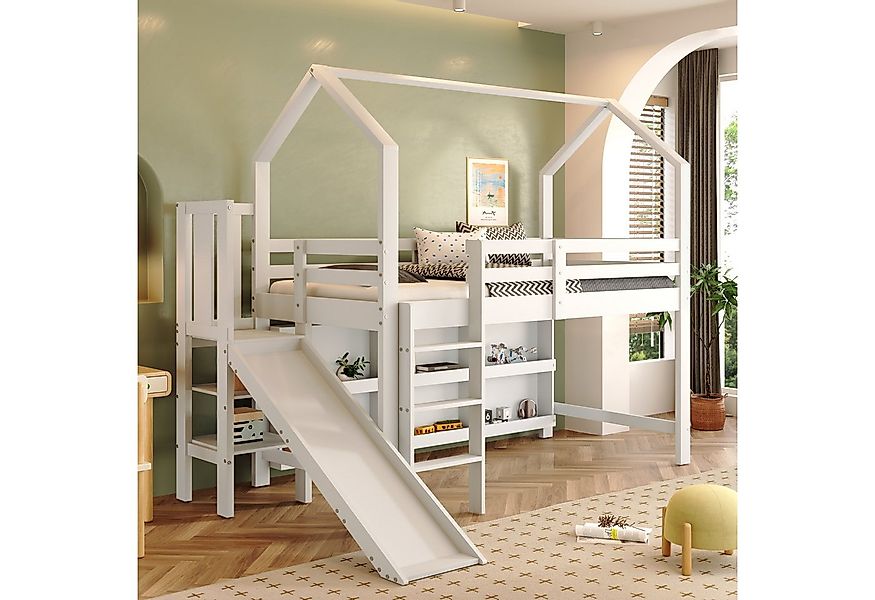 Flieks Hochbett Kinderbett 90x200cm mit Rutsche, Leiter und beweglichem Sch günstig online kaufen