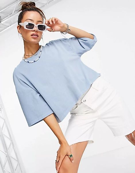 Topshop – Kurzärmliges, kastiges T-Shirt in Blau günstig online kaufen
