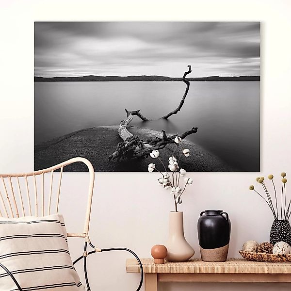 Leinwandbild Schwarz-Weiß - Querformat Sonnenuntergang am See schwarz-weiß günstig online kaufen