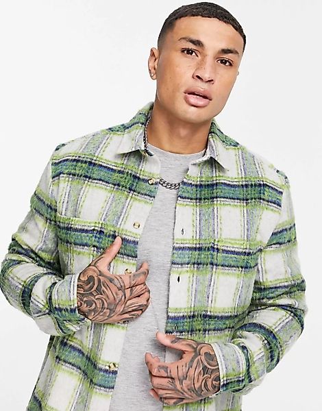 ASOS DESIGN – Karierte Hemdjacke aus gebürsteter Wollmischung in Grau und B günstig online kaufen