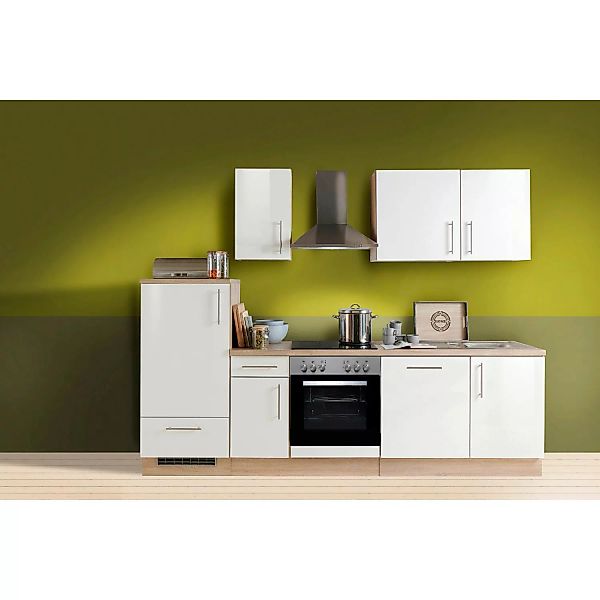 Menke Küchenzeile 270 cm Weiß Hochglanz Sonoma-Eiche Nachbildung günstig online kaufen