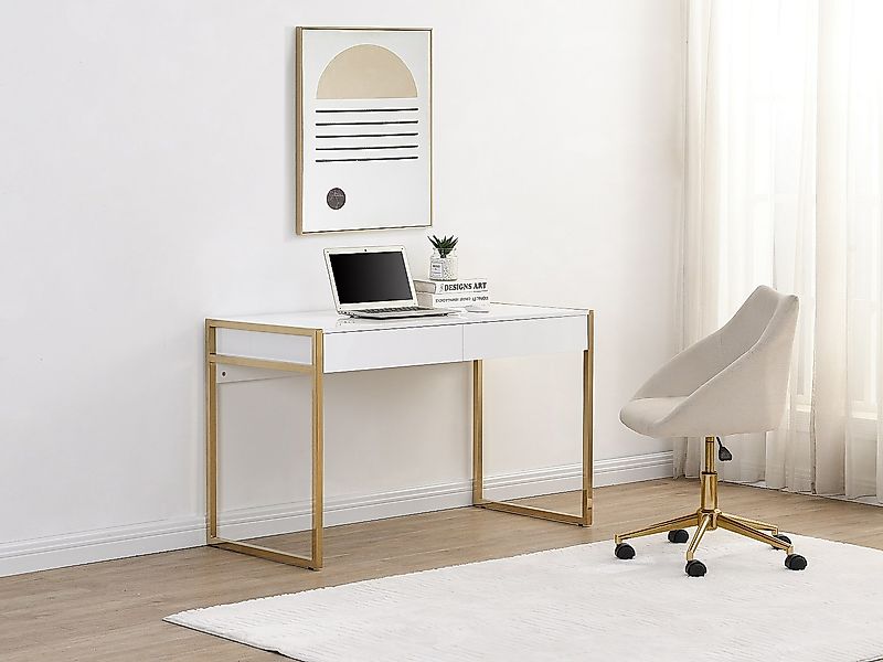 Schreibtisch mit 2 Schubladen - MDF & Metall - Goldfarben & Weiß - MASON vo günstig online kaufen