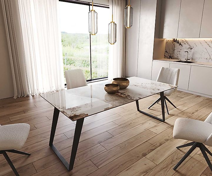 DELIFE Esstisch Edge, Keramik Minas Melange Weiß-Beige 200x100 Metall Schrä günstig online kaufen