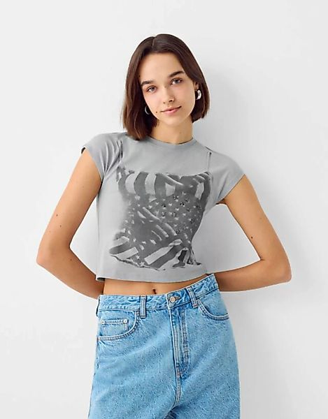 Bershka T-Shirt Mit Kurzen Ärmeln Und Print Damen Xs Dunkelgrau günstig online kaufen