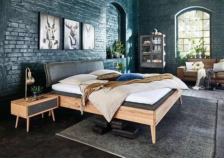 Natur24 Einzelbett Bett Odder 160x200 Wildeiche Bianco Polsterkopfteil Grau günstig online kaufen