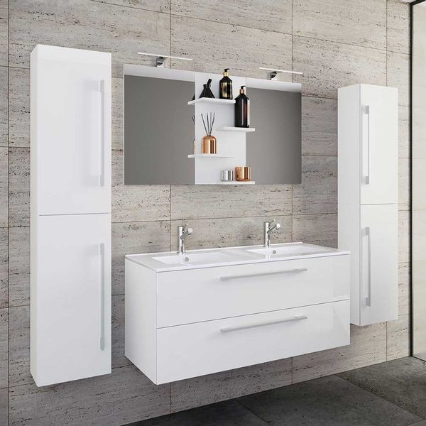 Badmöbelset weiss Hochglanzfront 150 cm hoch inklusive Becken (vierteilig) günstig online kaufen