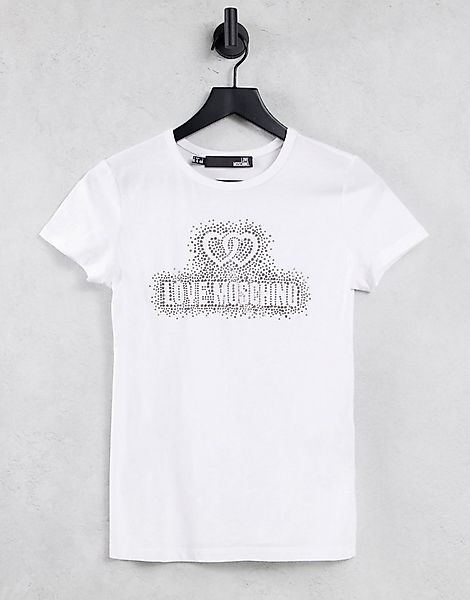Love Moschino – T-Shirt mit Strass-Logo in Weiß günstig online kaufen