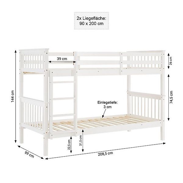 Homestyle4u Etagenbett 90x200 für 2 Kinder Weiß Doppelstockbett Leiter Hoch günstig online kaufen