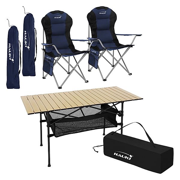 Hauki Campingmöbel Set 3 Teilig Tisch Faltbar Beige mit 2 Stühle Blau günstig online kaufen