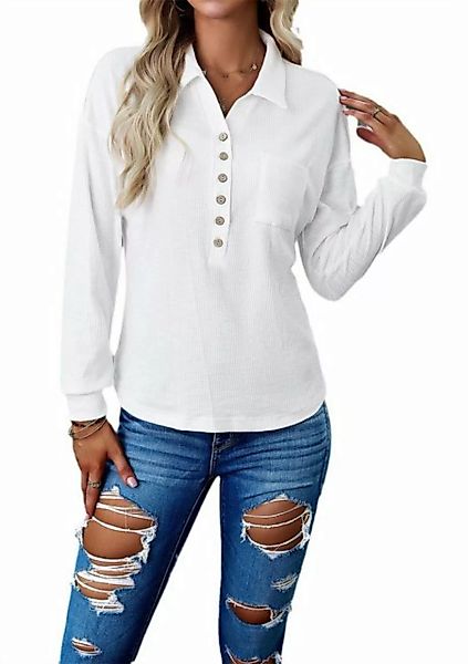 ZWY Langarmbluse Schlichtes weißes Damen-Revershemd mit Taschen und Knöpfen günstig online kaufen
