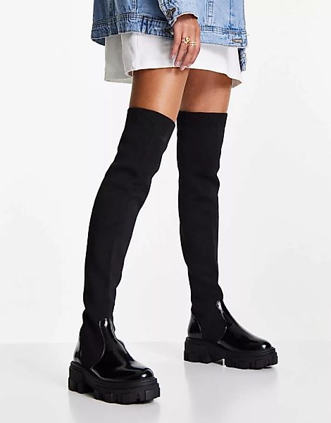 ASOS DESIGN – Kimmy – Flache Overknee-Stiefel in Schwarz mit dicker Sohle günstig online kaufen
