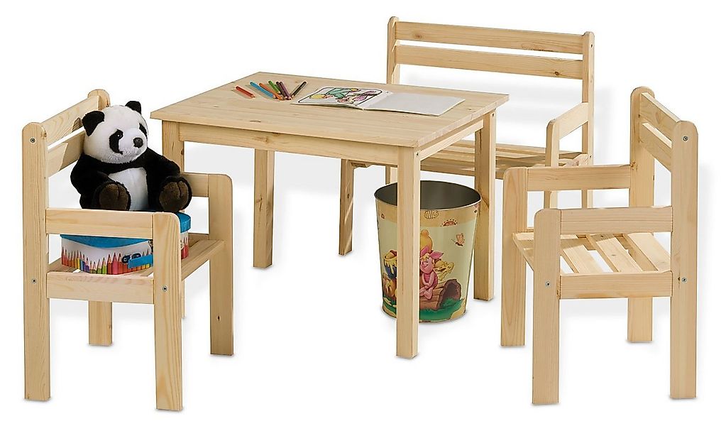 Home4You Kindersitzgruppe 4-teilig, Kiefer, Braun, 1 Tisch, 1 Bank mit Arml günstig online kaufen