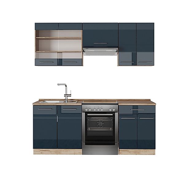 Vicco Fame-Line Küchenschränke Dunkelblau Hochglanz/Goldkraft Eiche 200 cm günstig online kaufen