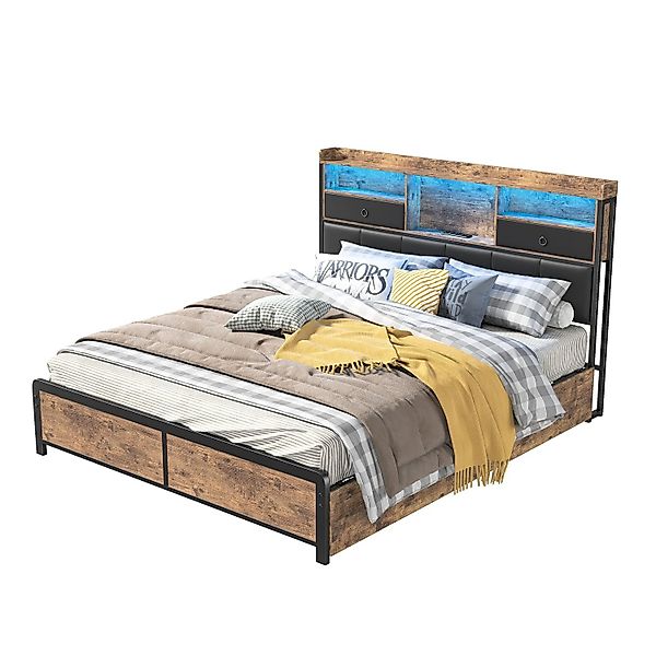 PXloue Doppelbett mit 4 Schubladen LED-Beleuchtung und Ladefunktion Kopftei günstig online kaufen