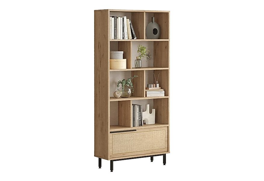 en.casa Bücherregal, »Kvænangen« mit 9 Fächern 176x84x30 cm Eiche-/Rattanop günstig online kaufen