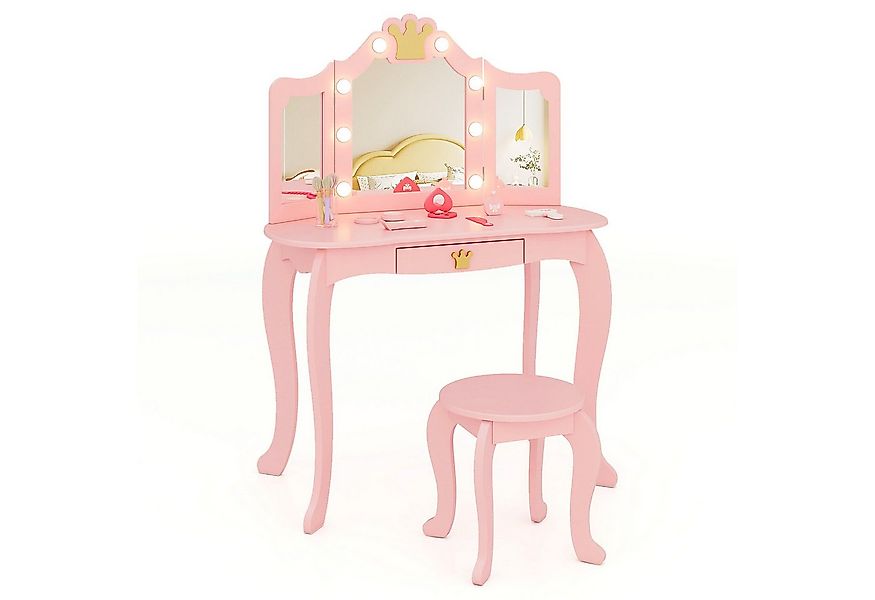 COSTWAY Schminktisch Kinderschminktisch mit Hocker, mit LED Beleuchtung günstig online kaufen
