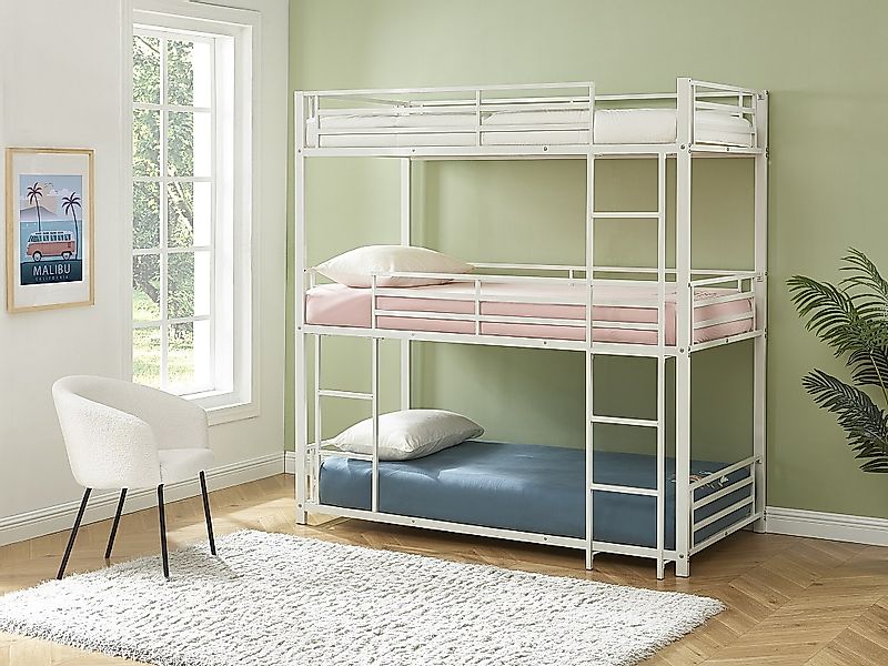 Etagenbett - 3 Personen - 3 x 90 x 190 cm - Metall - Weiß + Matratze - ELOU günstig online kaufen