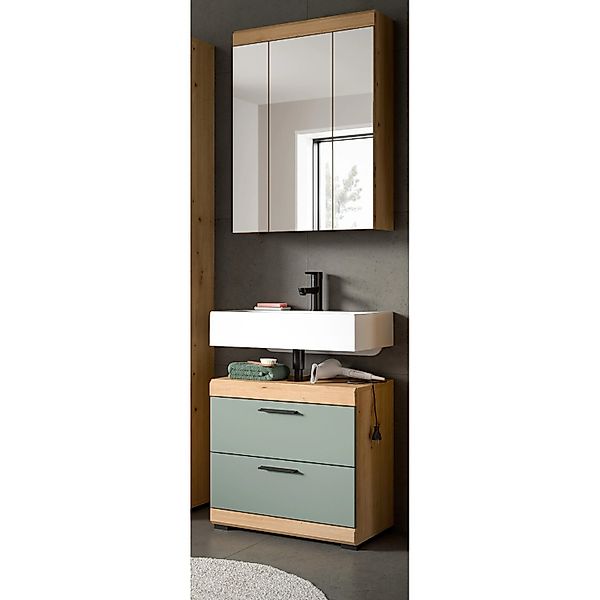 Inn.Furn Badmöbel Set in Grün und Eiche 2-teilig 60 cm mit Spiegel Shawn günstig online kaufen