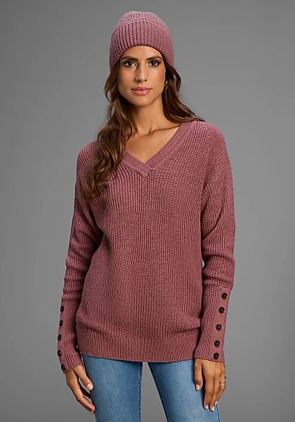 Laura Scott V-Ausschnitt-Pullover Übergangspullover aus Baumwolle mit Knopf günstig online kaufen