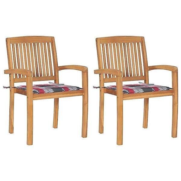 vidaXL Gartenstühle 2 Stk Rote Karomuster Kissen Massivholz Teak 3063265 günstig online kaufen