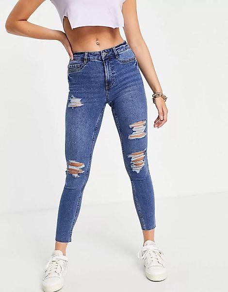 New Look – Jeans in Blau mit hohem Bund und Zierrissen günstig online kaufen