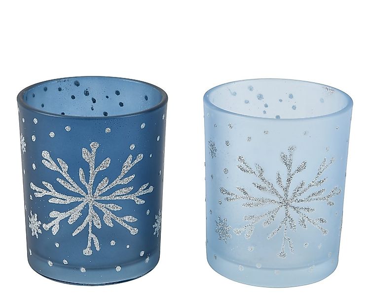 Kaemingk Teelichthalter, Teelichthalter Glas 8,3cm mit Schneeflocken Blau 1 günstig online kaufen