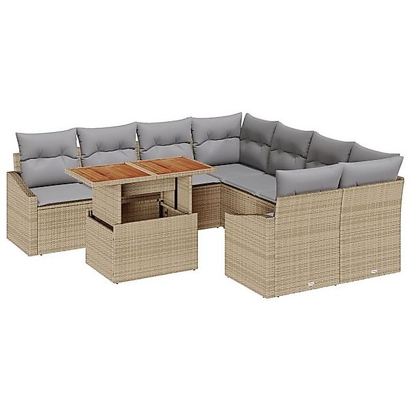 vidaXL Loungesofa 9-teiliges Garten-Essset mit Kissen Beige Poly Rattan, 9 günstig online kaufen