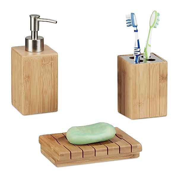 relaxdays Badezimmer-Set Badaccessoires Bambus 3er Set günstig online kaufen