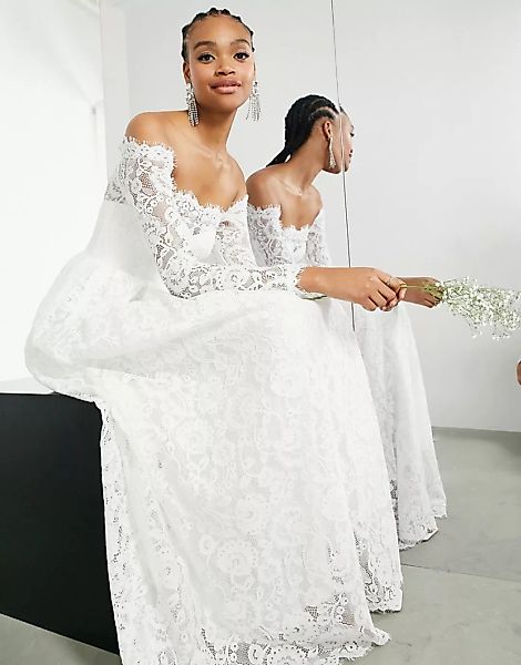 ASOS EDITION – Haze – Schulterfreies Hochzeitskleid mit Spitze und langen Ä günstig online kaufen